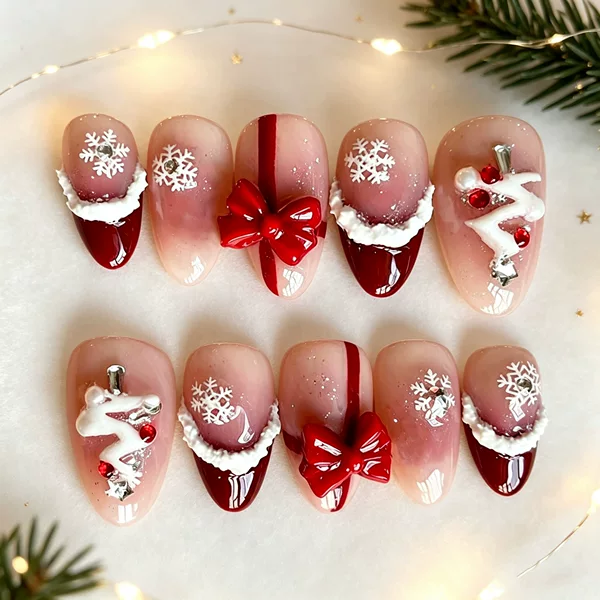 30 pieces of cross-border Christmas hot-selling snowflake French almond-shaped press-on nails with Christmas tree, bow, and rhinestone decorations
