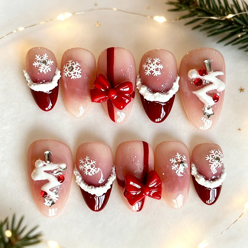 30 pieces of cross-border Christmas hot-selling snowflake French almond-shaped press-on nails with Christmas tree, bow, and rhinestone decorations