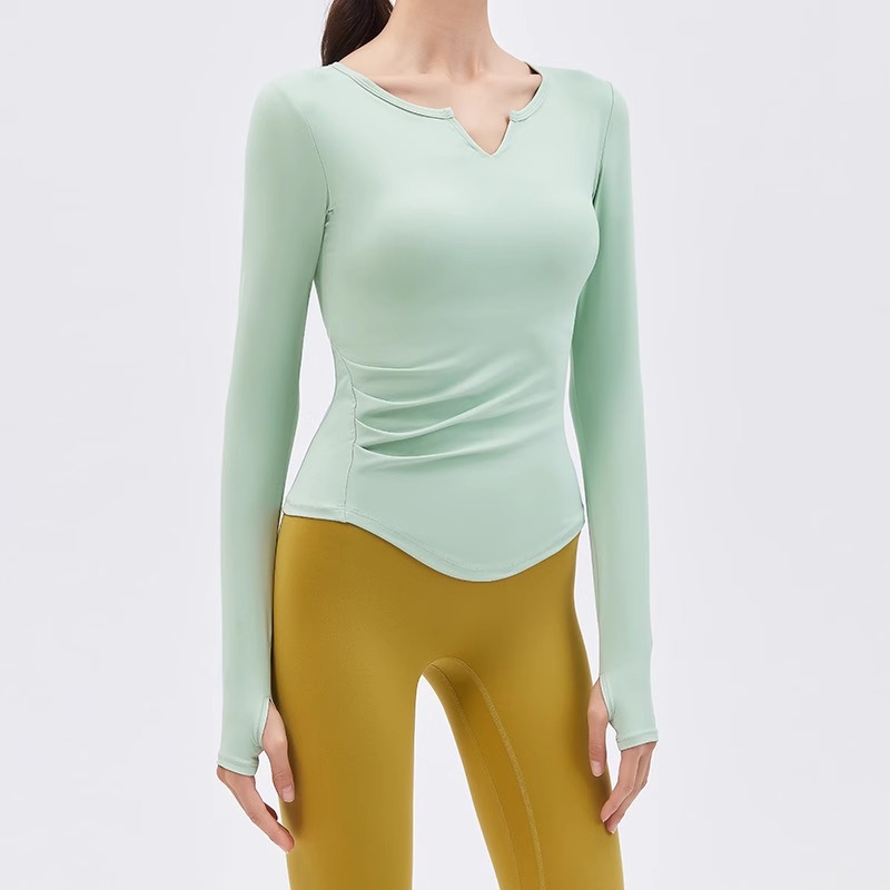 Camiseta de manga comprida de nylon de alta qualidade para ioga, primavera e outono, top esportivo para corrida com decote em V, roupa fitness nude para mulheres com almofadas no peito.