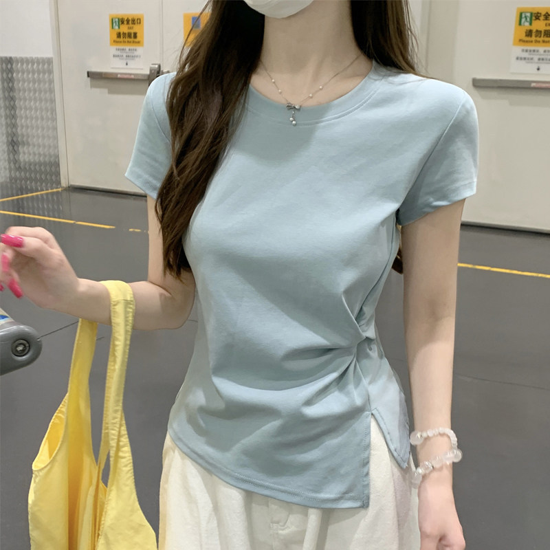 Pure Cotton Short-Sleeved T-Shirt for Women, 2026 Summer New Fashion Design, Twist-Knot Side Slit Slim Fit Top Ins