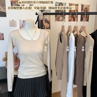 Autumn and winter square collar brushed velvet bottoming shirt 2024 new with chest pad tight inside all-match warm long sleeve top