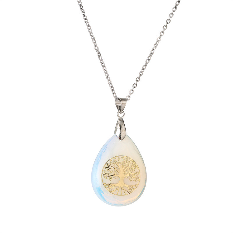 Classical Tree Water Droplets Stainless Steel Natural Stone Pendant Necklace In Bulk display picture 3