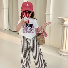 Little Girls' Korean Version Stylish Set American Short-Sleeve Striped Wide Leg Pants Casual Fashion Influencer Trend Two-Piece 0186A017