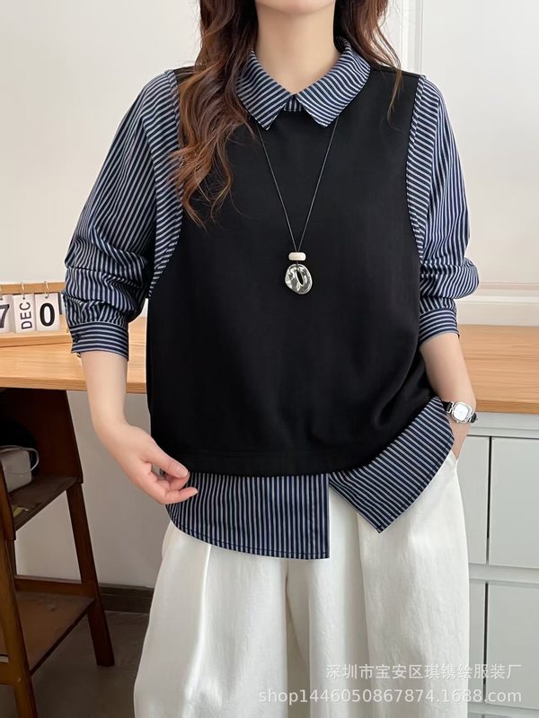 琪镌绘制冬季款假两件条纹衬衫女长袖拼接撞色显瘦宽松上衣85188|undefined