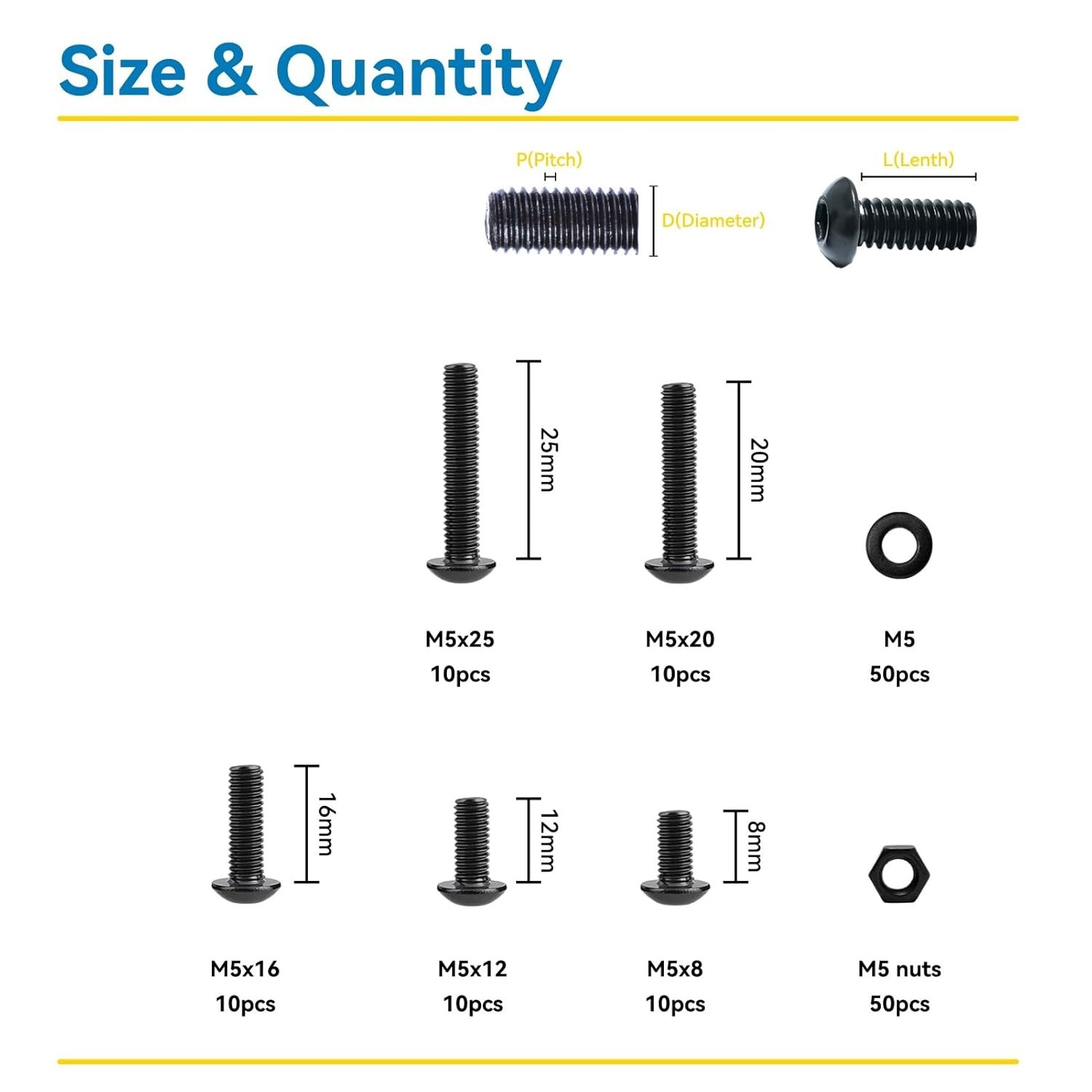 150 件纽扣头 M5公制螺丝六角套筒螺栓螺母垫圈跨境组合装8.8黑色