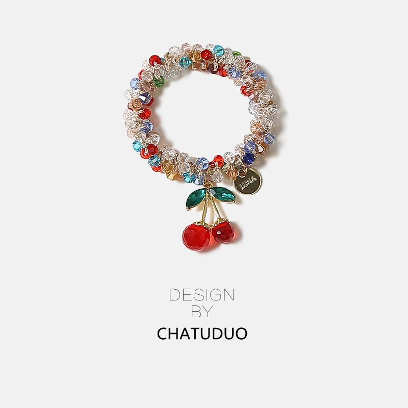 Korean Rhinestone Colorful Crystal Bracelet Dual-Purpose Hair Band Headband Bestie Hair Rope Cherry Rubber Band Ponytail Headdress for Women