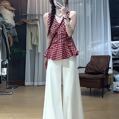 秋季套装女2025新款法式复古红色格纹无袖上衣阔腿裤两件套装