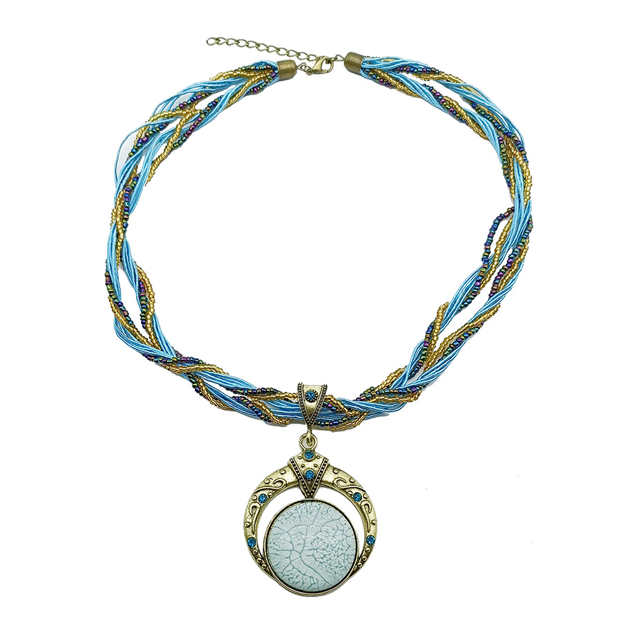 欧美跨境波西米亚仿圆形宝石项链夸张复古手工米珠毛衣链热销N215