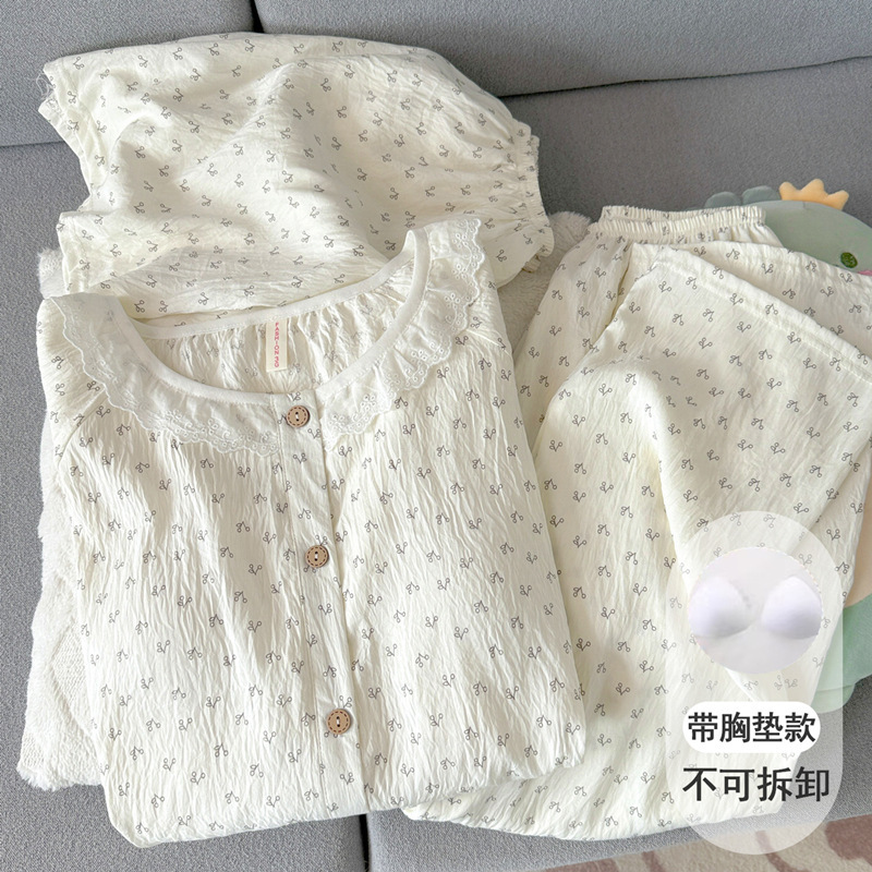 Cloud Cotton Gauze Pajamas with Breast Pads for Women 2026 New Summer Three-Piece Set Sweet Cherry Short-Sleeved Home Clothes Cloud Cotton Gauze Pajamas with Breast Pads for Women 2026 New Summer Three-Piece Set Sweet Cherry Short-Sleeved Home Clothes