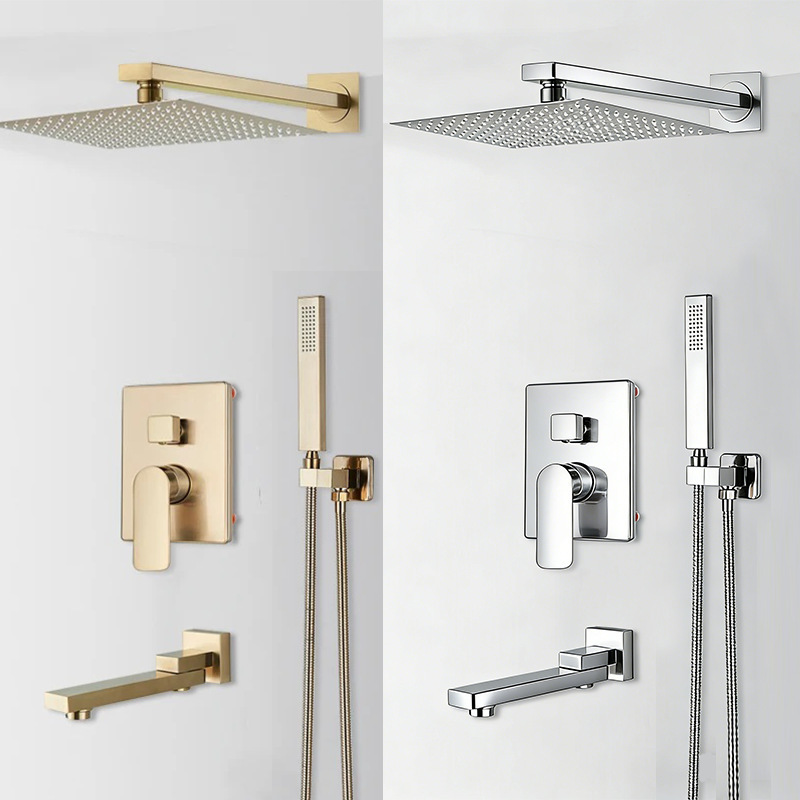 All-Copper Brushed Gold Concealed Shower Head Set with Wall-Mounted Embedded Hot and Cold Mixing Valve