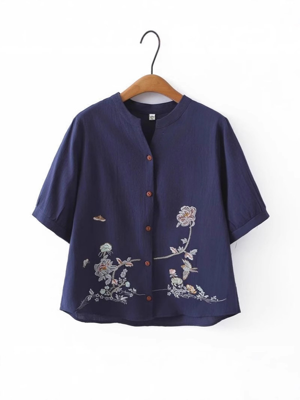 中国風 25 夏服高品質リネン半袖カーディガン女性のトップスゆったりとした大きいサイズの刺繍入りシャツ綿とリネンのシャツ女性用|undefined