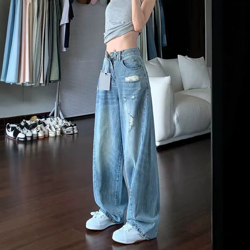 Summer New Style Ripped Jeans for Women Plus Size Retro Loose High-Waisted Slimming Straight Wide-Leg Pants