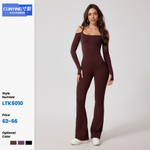 欧美跨境秋冬新款连体衣 后美背露肩双肩带性感一体式长袖喇叭裤