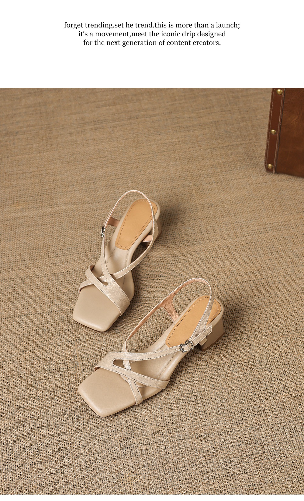 Sandal nữ hở mũi mũi vuông chất da dê, gót thô 5 cm, quai ngang một khóa, phong cách La Mã — màu be chi tiết 21