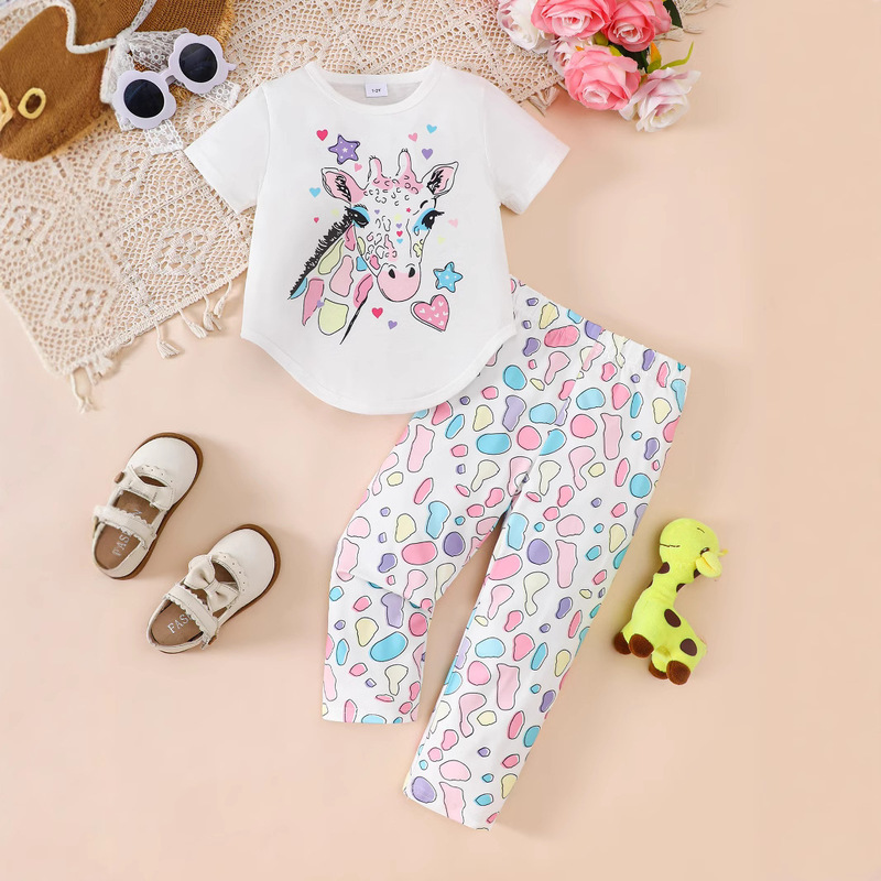 Summer New Girls' suit Cross-border Special for Cartoon Color Fawn Tuxedo Short-sleeved Trousers suit Outfit