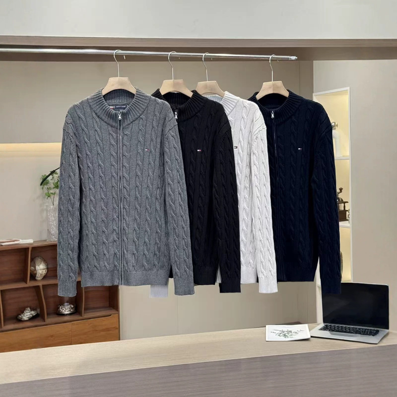 Autumn and winter Tommy men's sweater, stand-up collar, embroidered cable knit, zip-up cardigan, casual business knitwear jacket Autumn and winter Tommy men's sweater, stand-up collar, embroidered cable knit, zip-up cardigan, casual business knitwear jacket