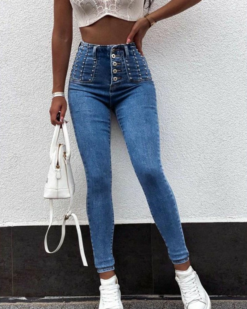 Women's Holiday Daily Simple Style Solid Color Full Length Button Jeans Skinny Pants display picture 10