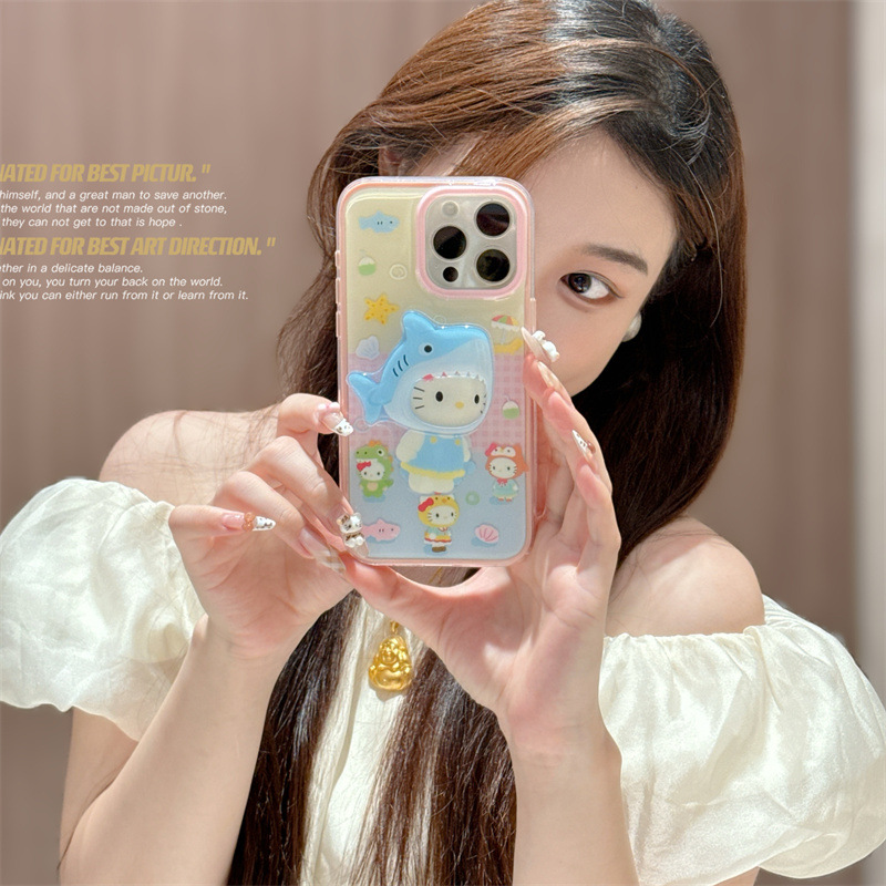 少女格纹拼色鲨鱼头套Kitty适用iPhone16苹果15ProMax/14手机壳13