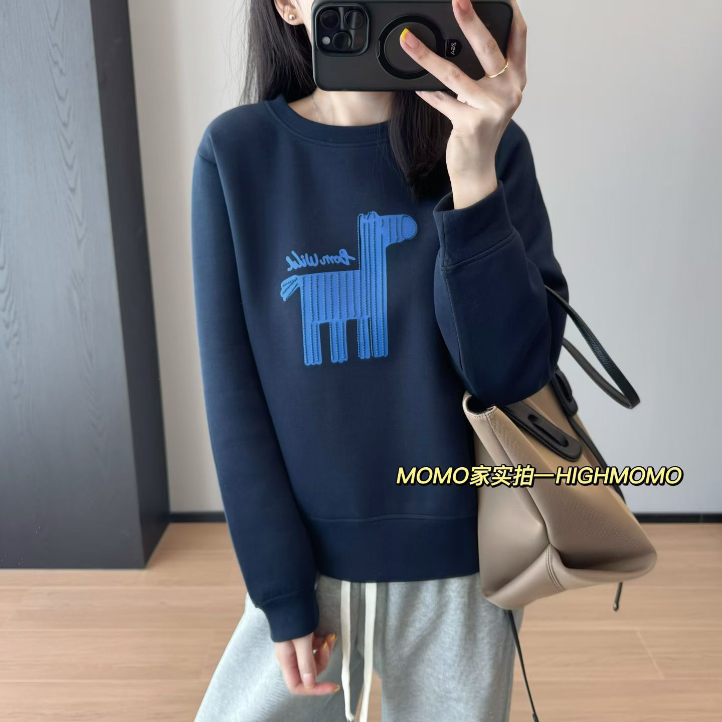 Embroidered Pony! New Warm Fabric Loose Slimming Cocoon-Shaped Raglan Casual Sweatshirt for Autumn and Winter