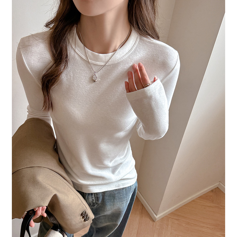 Premium Selection Autumn/Winter Silk Lyocell Base Layer Women's High-End Round Neck Brushed Warm Slimming Long Sleeve White Top