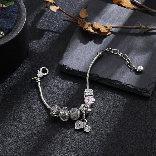 Cross-border luxury DIY crown glass bracelet, Pan family heart lock pendant gift box drilled heart-shaped gift, chain bracelet accessories