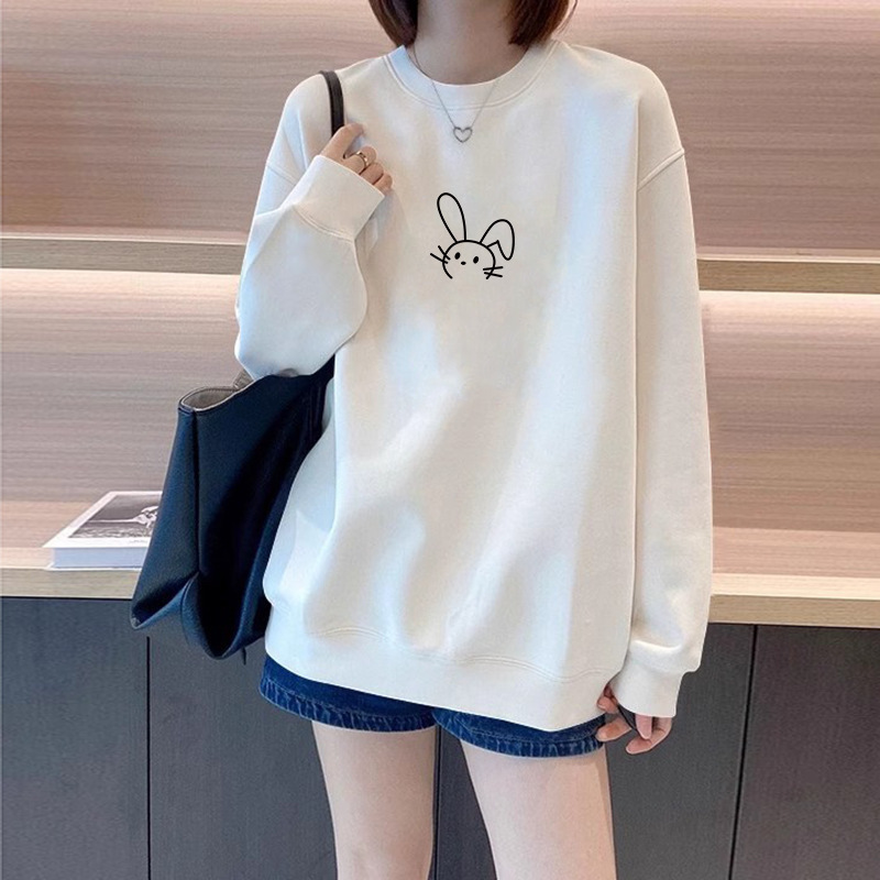 European Large Size Round Neck Long-Sleeved Sweatshirt 2025 Spring & Fall Korean Style Casual White Versatile Fleece-Lined Thickeneded Mid-Length