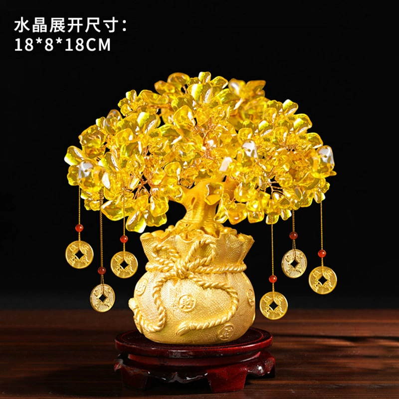 Crystal Money Tree Ornament, Citrine-Style Fortune Tree, Resin Base, 17 × 9 × 9 cm