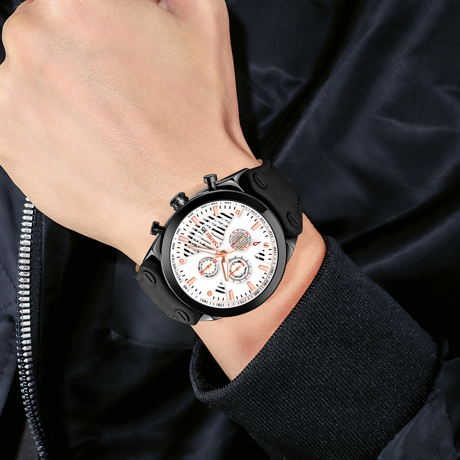 Momentos de moda retro hombres cronógrafo de cuarzo correa de cuero esfera hueca calendario reloj de pulsera de negocios transfronterizos relojes de hombre