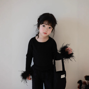 Girls' Ostrich Hair Cuff Backing Shirt Crewneck Pit Strip Knitted Shirt Autumn and Winter Long Sleeve Backing Sweater 2024 New