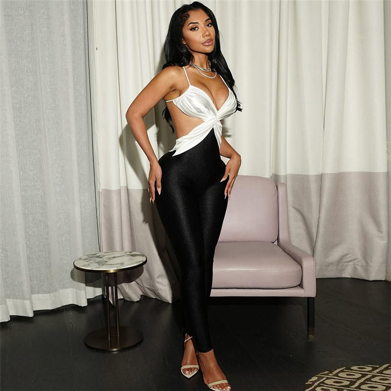 European and American Cross-Border 2025 New Autum Women's Sexy Hottie Contrasting Color Cross Backless High Waist Tight Jumpsuit