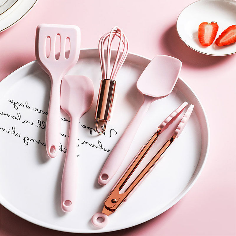 批發一體式迷你硅膠廚具6件套帶收納桶食品級烘焙工具打蛋器刮刀