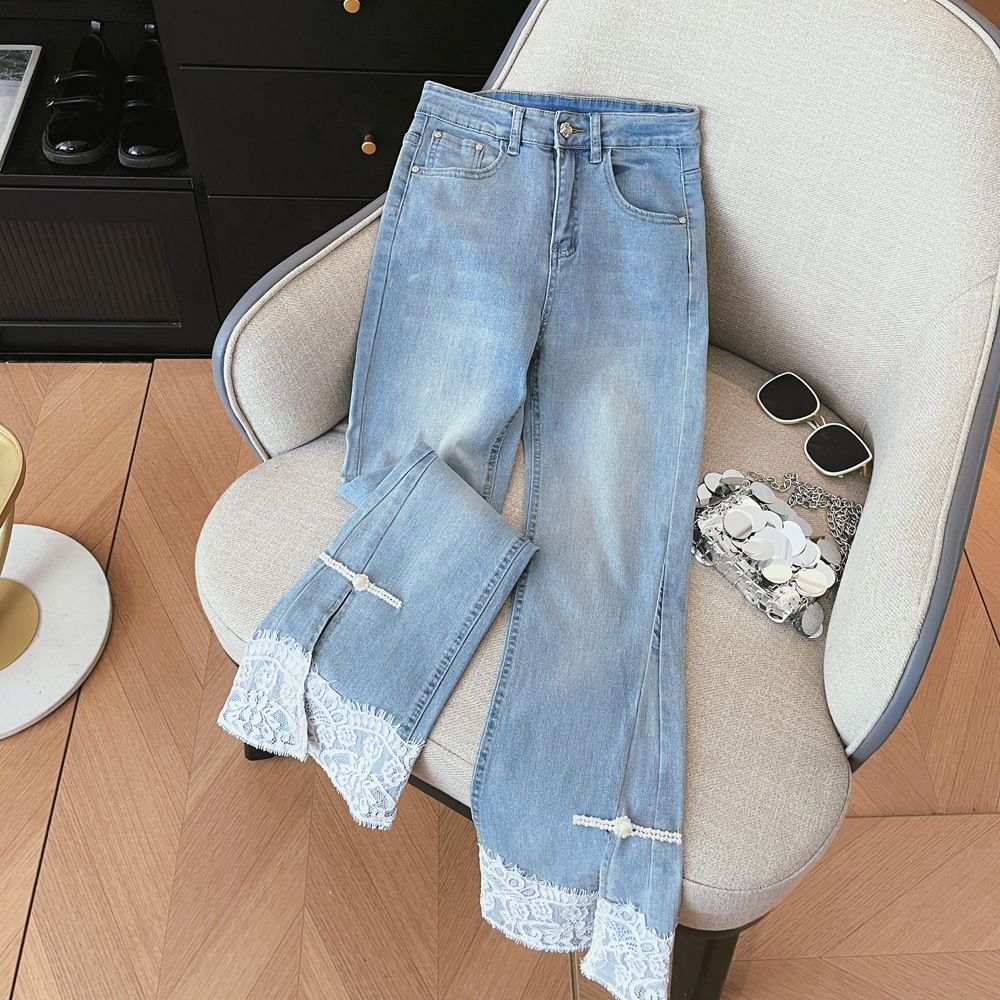 Real shot temperament lace stitching national style clasp high waist straight elastic micro split cropped Denim trousers for children