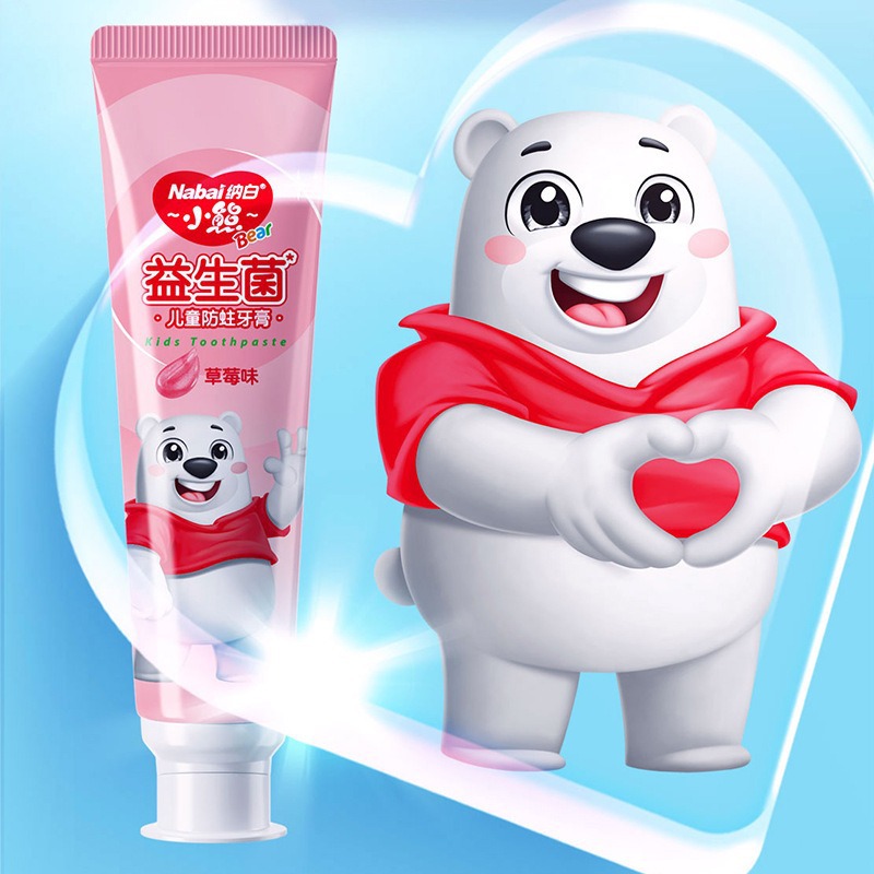 Nabai Bear, pasta de dientes para niños, sabor a helado de fresa, probióticos, anti-cavitas, dientes fijos, aliento fresco, pasta de dientes con flúor.