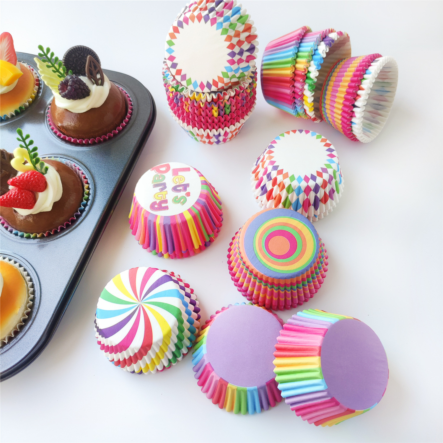 PVC barril de color arcoíris pastel de papel taza de papel pastel de color de papel soporte de nieve niang pastel de luna almohadilla de papel muffin taza