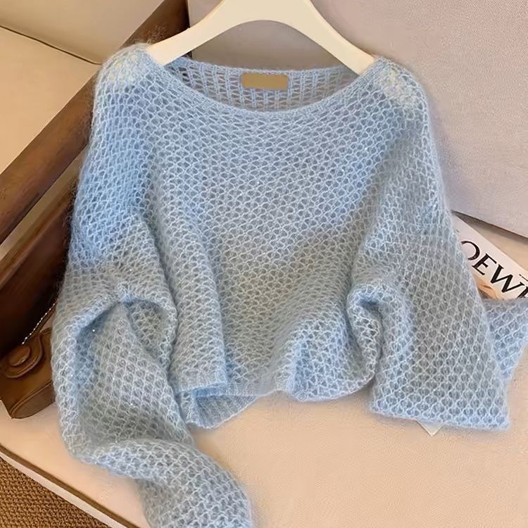 蓝色温柔慵懒风马海毛衣镂空毛针织罩衫早秋季上衣女装打底衫韩系|undefined