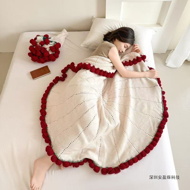 成品手工玫瑰花编织毯子礼物束毯多功能办公室午睡车载毛线