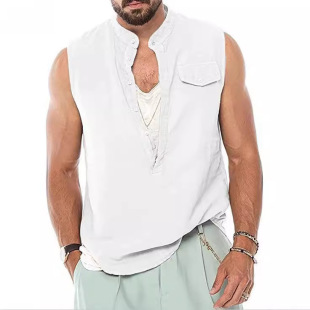 2022 New Amazon Men's Linen Waistcoat Stand Collar Loose Sleeveless Vest