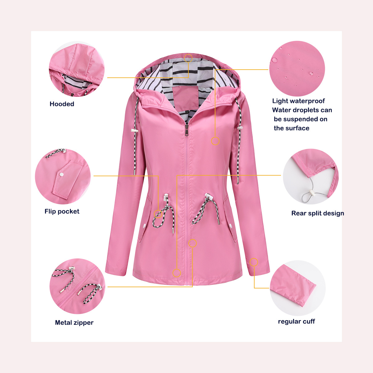 2024 New Long sleeved Anti splash Mid length Windbreaker Hooded Striped Raincoat Large Women's Wear_voghion.com
