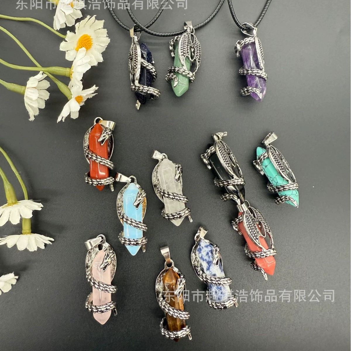 Кулон из натурального камня, синий кристалл, аметист, тигровый камень, агат, винтажное ожерелье в форме летящего дракона, обернутое шестиугольной колонной, розовый кристалл