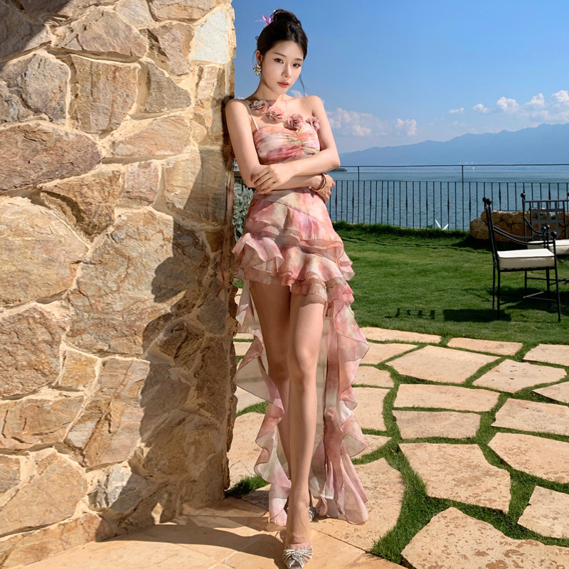 2025新款  度假风连衣裙女2025夏季新款不规则荷叶边短裙抹胸裙子|undefined