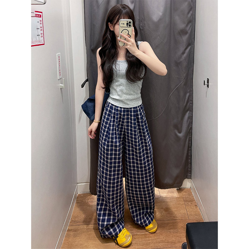 Trendy Plaid Pants for Women, Spring/Summer 2026 New Style, Blue, Relaxed Fit, Straight-Leg, Casual Wide-Leg Pants