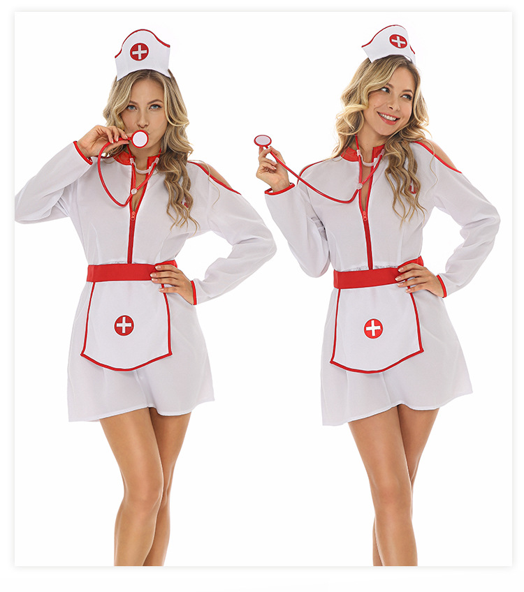 زي ممرضة Sexy Nurse ملابس الألعاب الأوروبية والأمريكية ليلة حفلة المسرح فستان ممرزة ممرضة بيضاء display picture 4