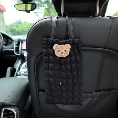 Car tissue box/set High-End Puff Pattern, Hanging Car - black-puff-grid-hanging-tissue-box-bear-head