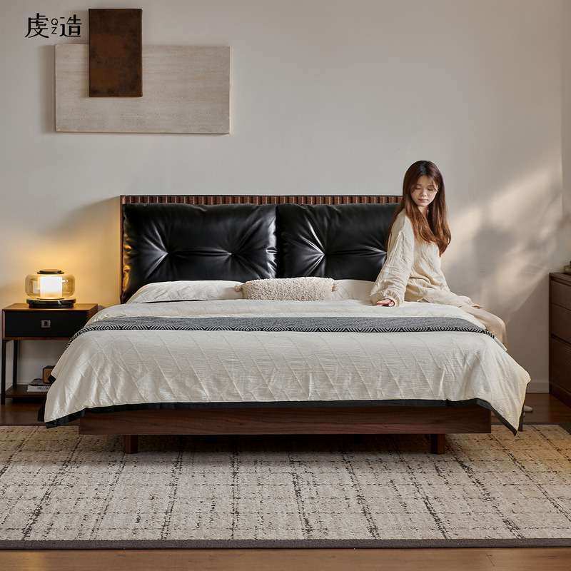 黑胡桃木实木床真皮全青皮法式复古中古风主卧软包2025新款大床|undefined