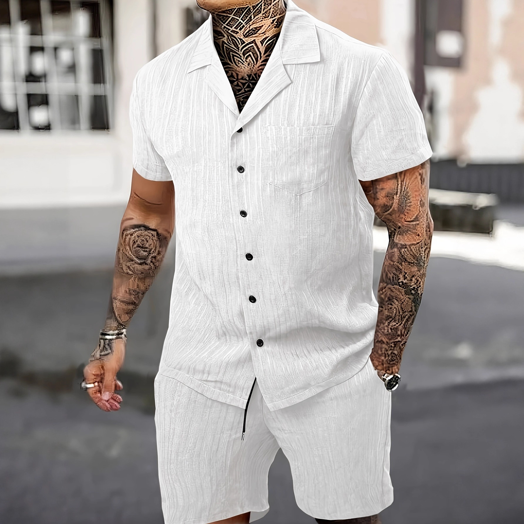 Vielseitiges Herren-Set aus Kurzarmhemd und Shorts mit Rüschentasche im lässigen amerikanischen Stil_voghion.com