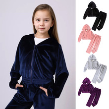 2025亚马逊ebay欧美外贸秋冬女童运动帽金丝绒套装休闲卫衣两件套