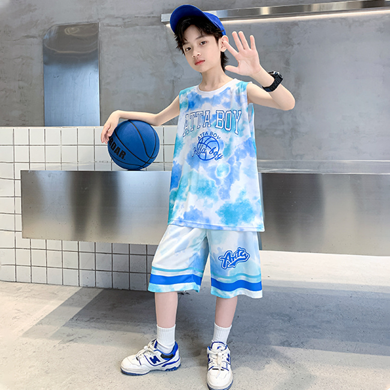 Children's basketball clothing summer set boys' sports wear medium and large children short-sleeved two-piece set boy training suit quick-drying clothes 