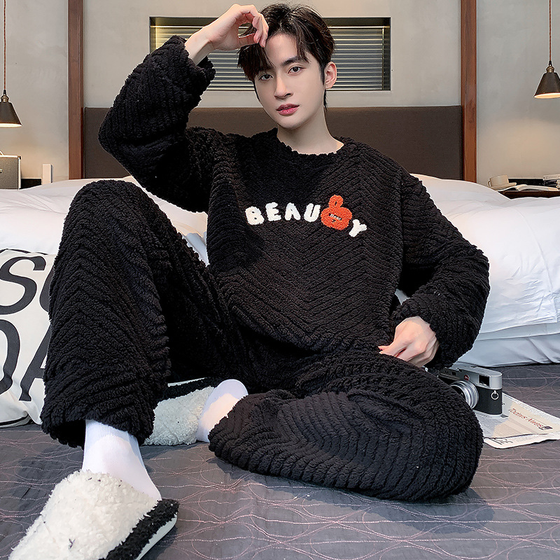 2023 pajamas men's winter warm fleece-lined flannel cartoon simple loose casual home wear suit generation hair