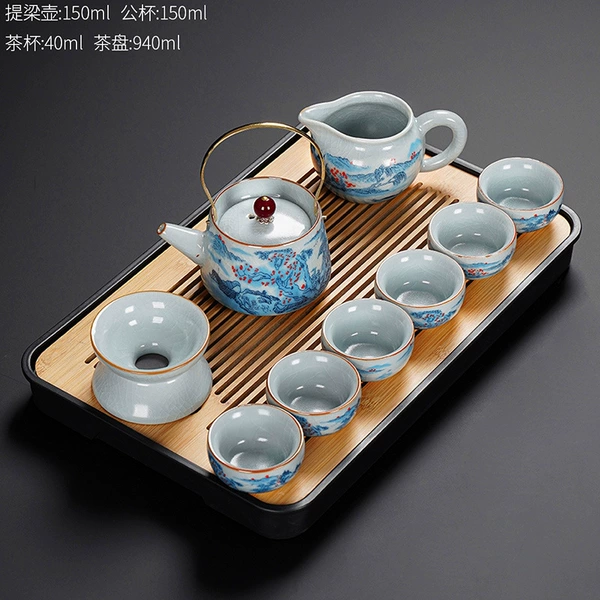 [Ling Lang style] Tianqing Ru kiln Linglang beam pot six cups 9 pieces set + rectangular black tea tray