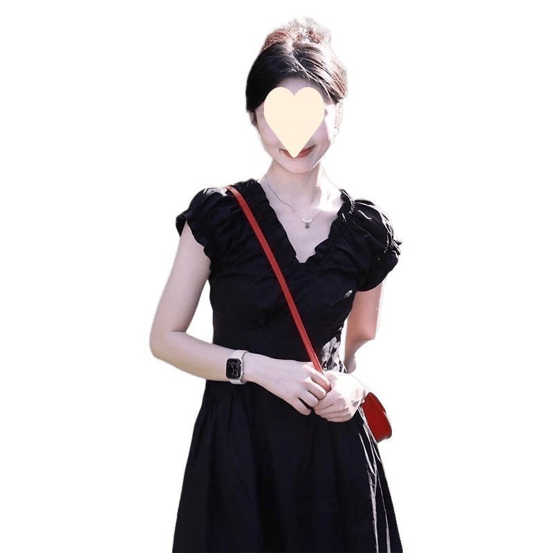 领泡泡袖连衣裙大码女装胖夏季赫本风感褶皱收腰显瘦长裙|undefined